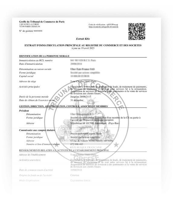 Aperçu d'un extrait Kbis certifié